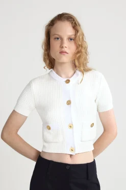 Cardigan court en maille de coton gaufrée
