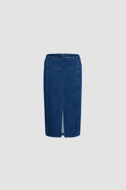 Jupe midi ceinturée en denim de coton