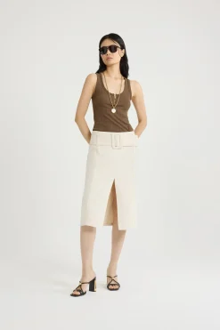 Jupe midi ceinturée en denim de coton