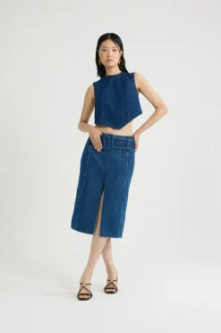 Jupe midi ceinturée en denim de coton