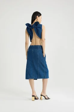 Jupe midi ceinturée en denim de coton