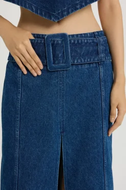 Jupe midi ceinturée en denim de coton
