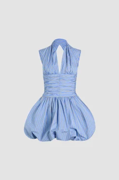 Robe boule courte dos nu en popeline de coton bio imprimée