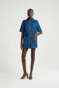 Robe courte zippée en denim de coton