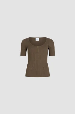 T-shirt à encolure arrondie en coton bio mélangé côtelé