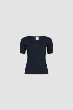 T-shirt à encolure arrondie en coton bio mélangé côtelé