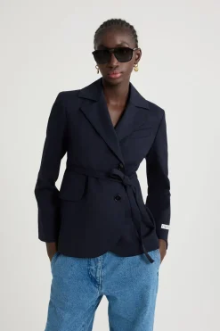 Veste ajustée ceinturée en sergé de laine technique éco-responsable