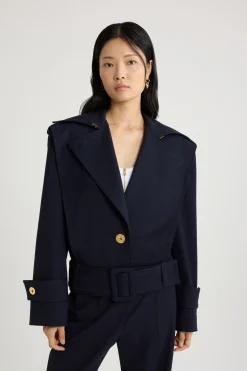 Veste ceinturée en sergé de laine technique éco-responsable