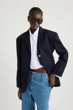 Veste oversize ceinturée en sergé de laine technique éco-responsable